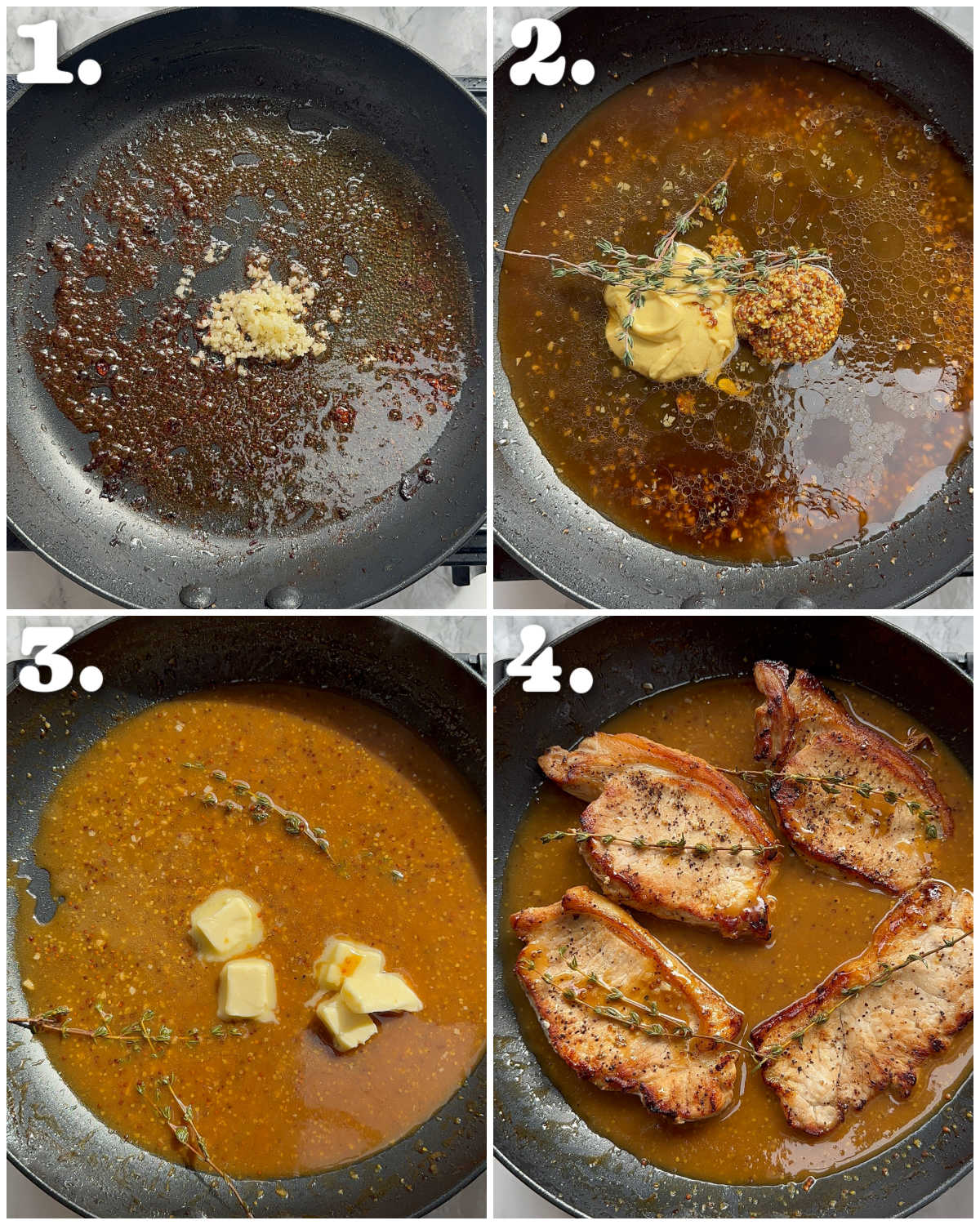 4 step by step photos showing how to make honey mustard pork