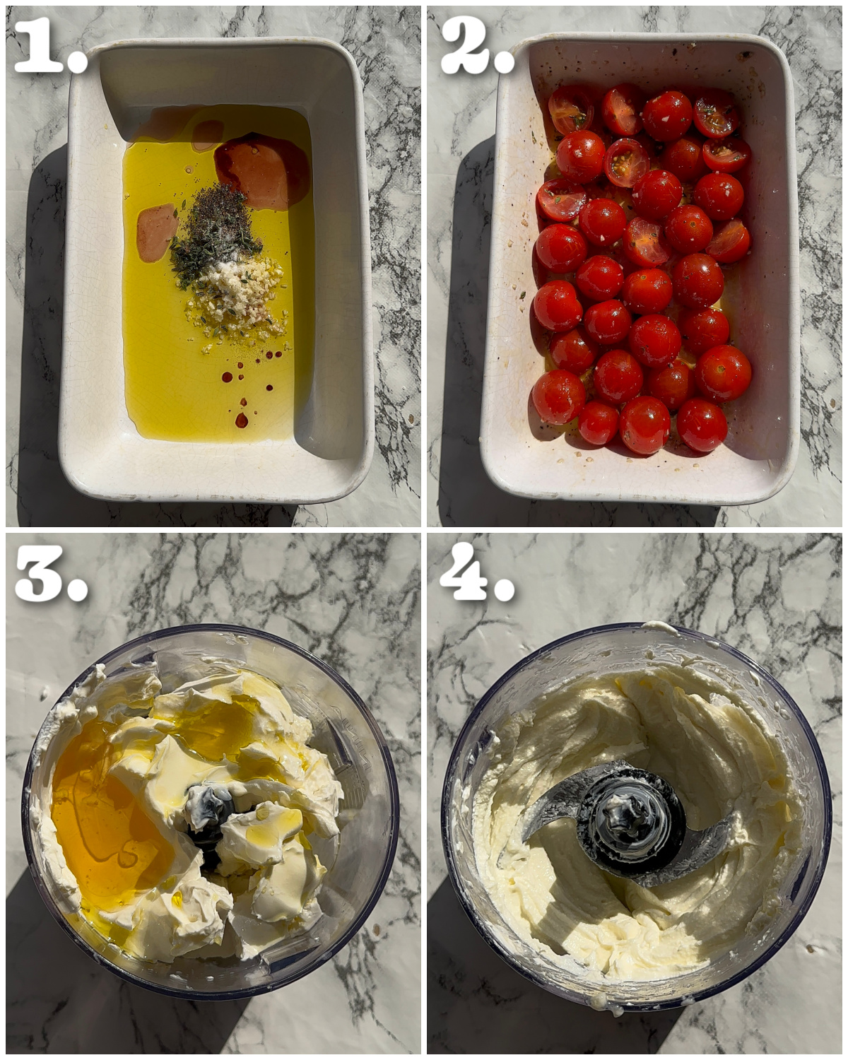4 step by step photos showing how to make tomatoes and feta
