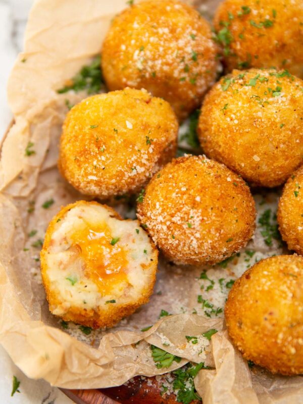 close up overhead shot of fried mashed potato balls