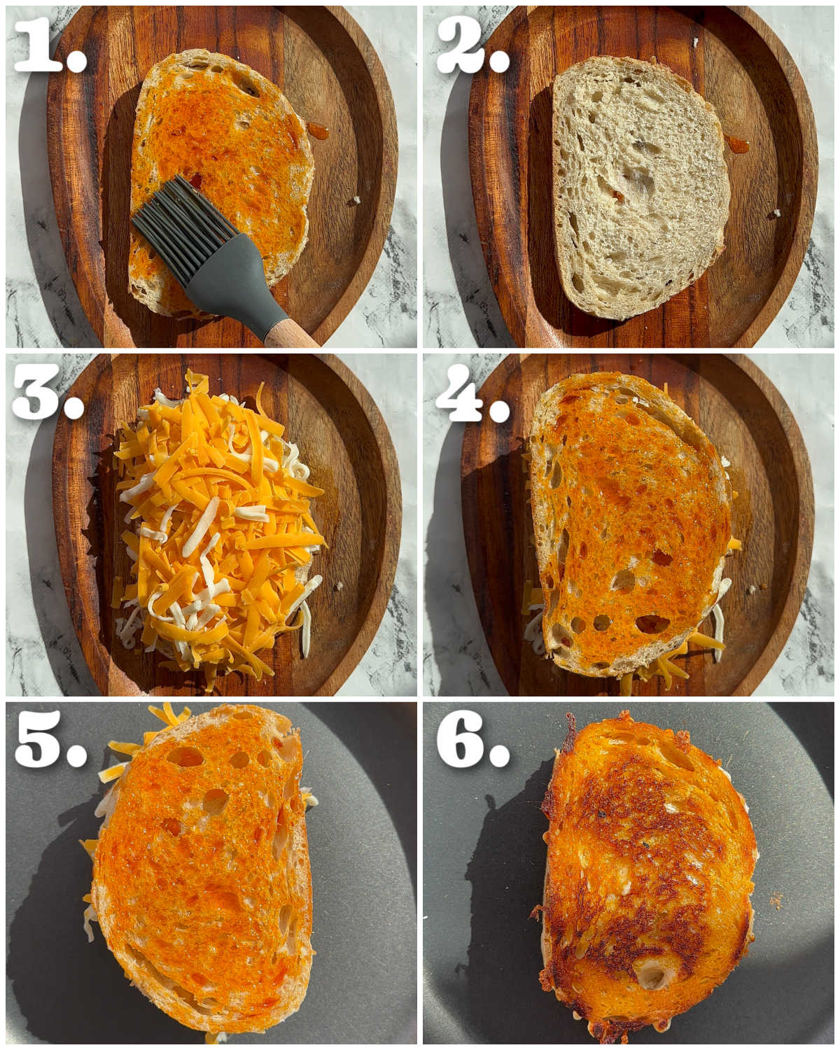6 step by step photos showing how to make a spicy grilled cheese