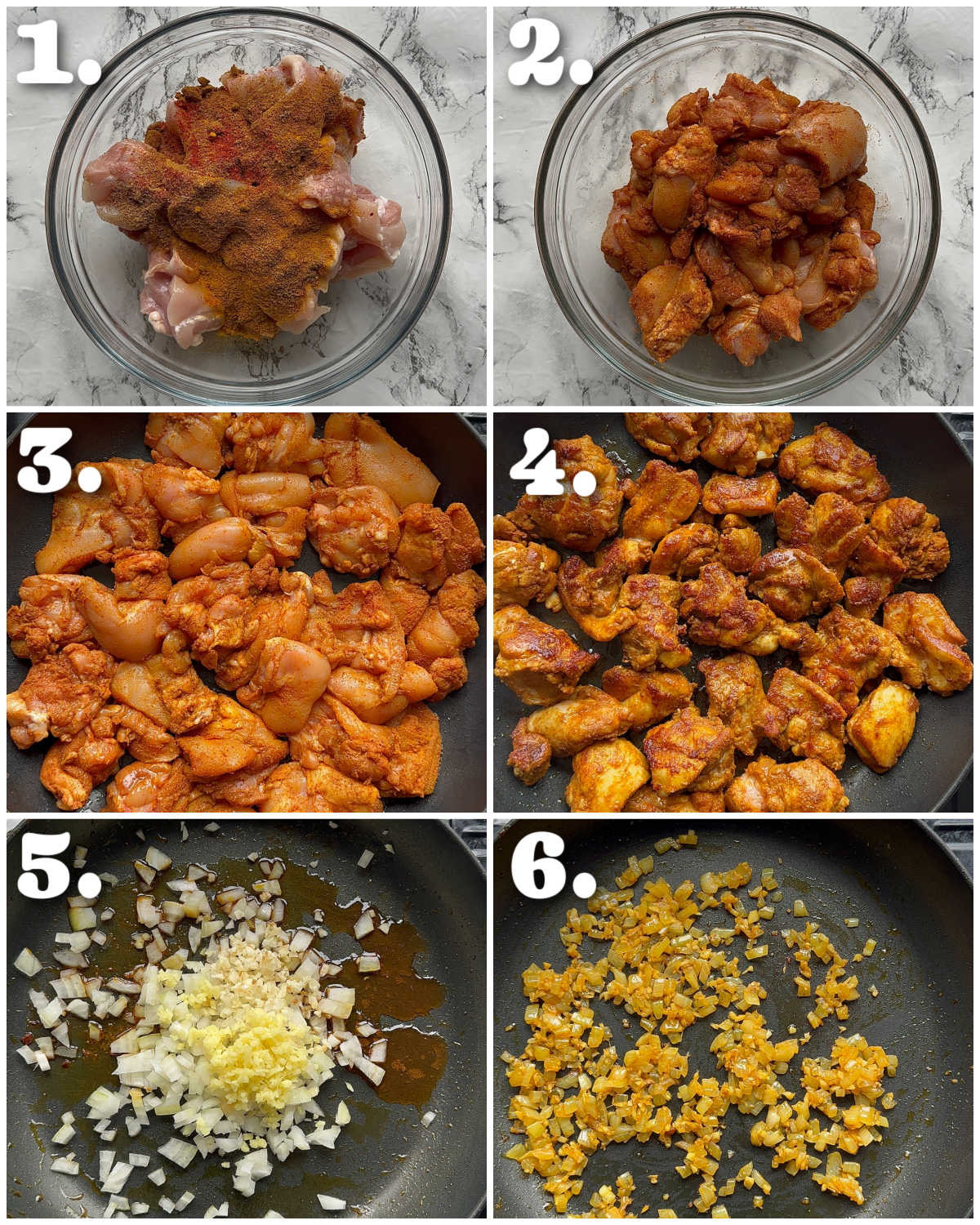 6 step by step photos showing how to make satay chicken