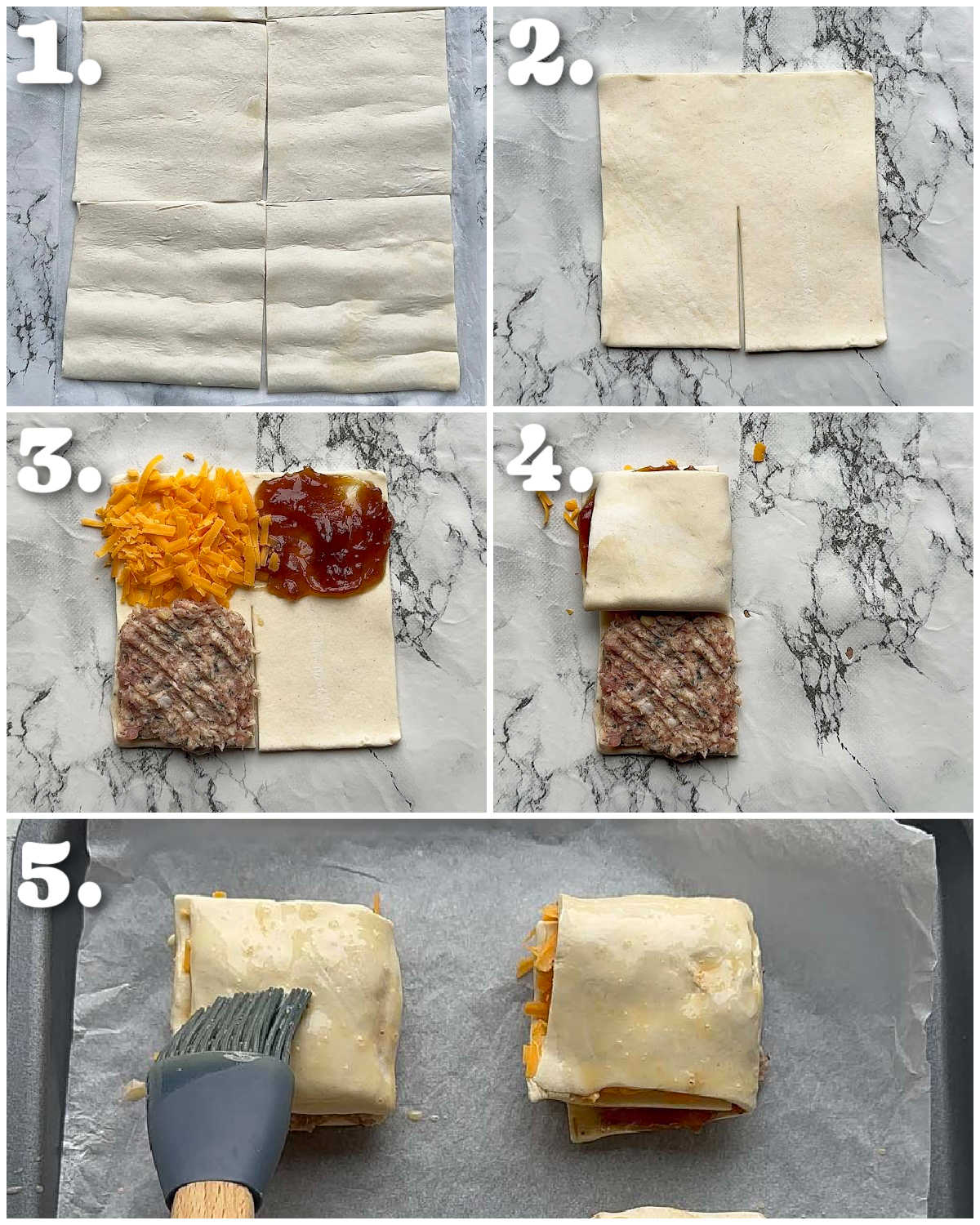 5 step by step photos showing how to make sausage puffs