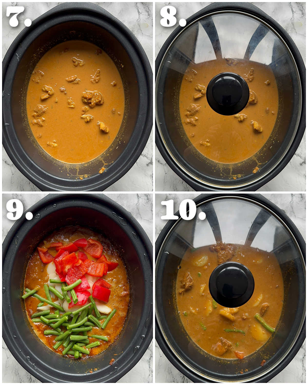 4 step by step photos showing how to make slow cooker satay chicken