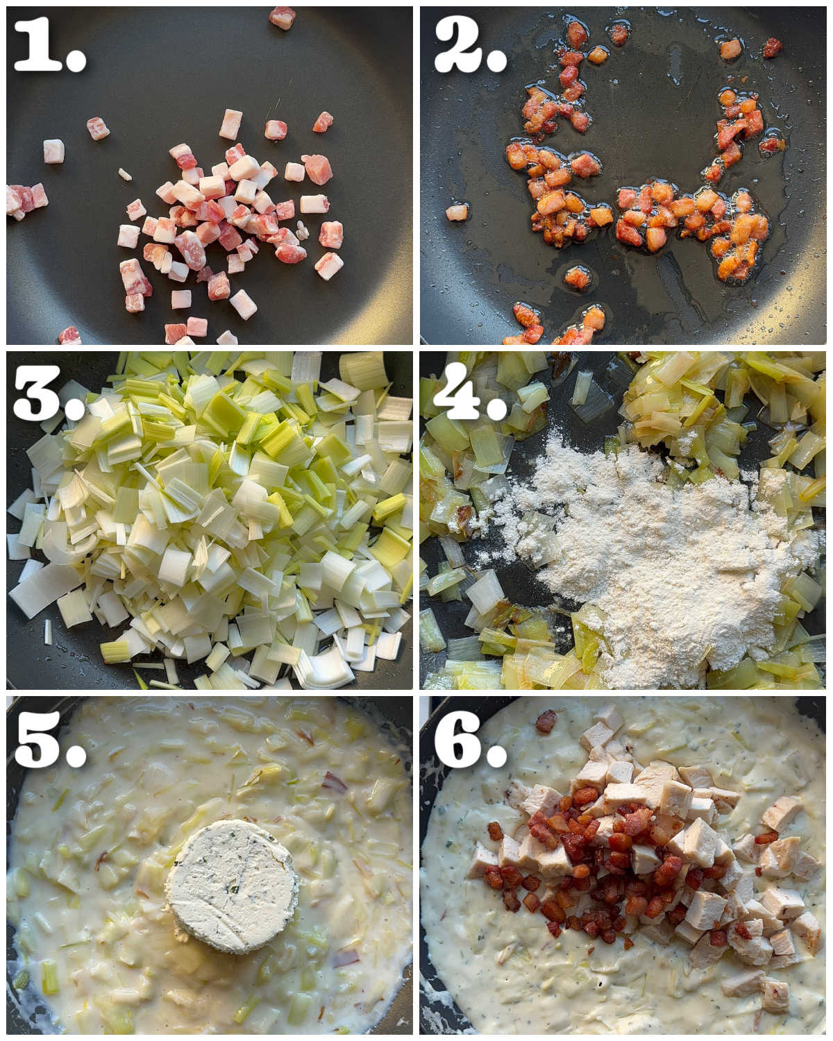 6 step by step photos showing how to make boursin bake filling