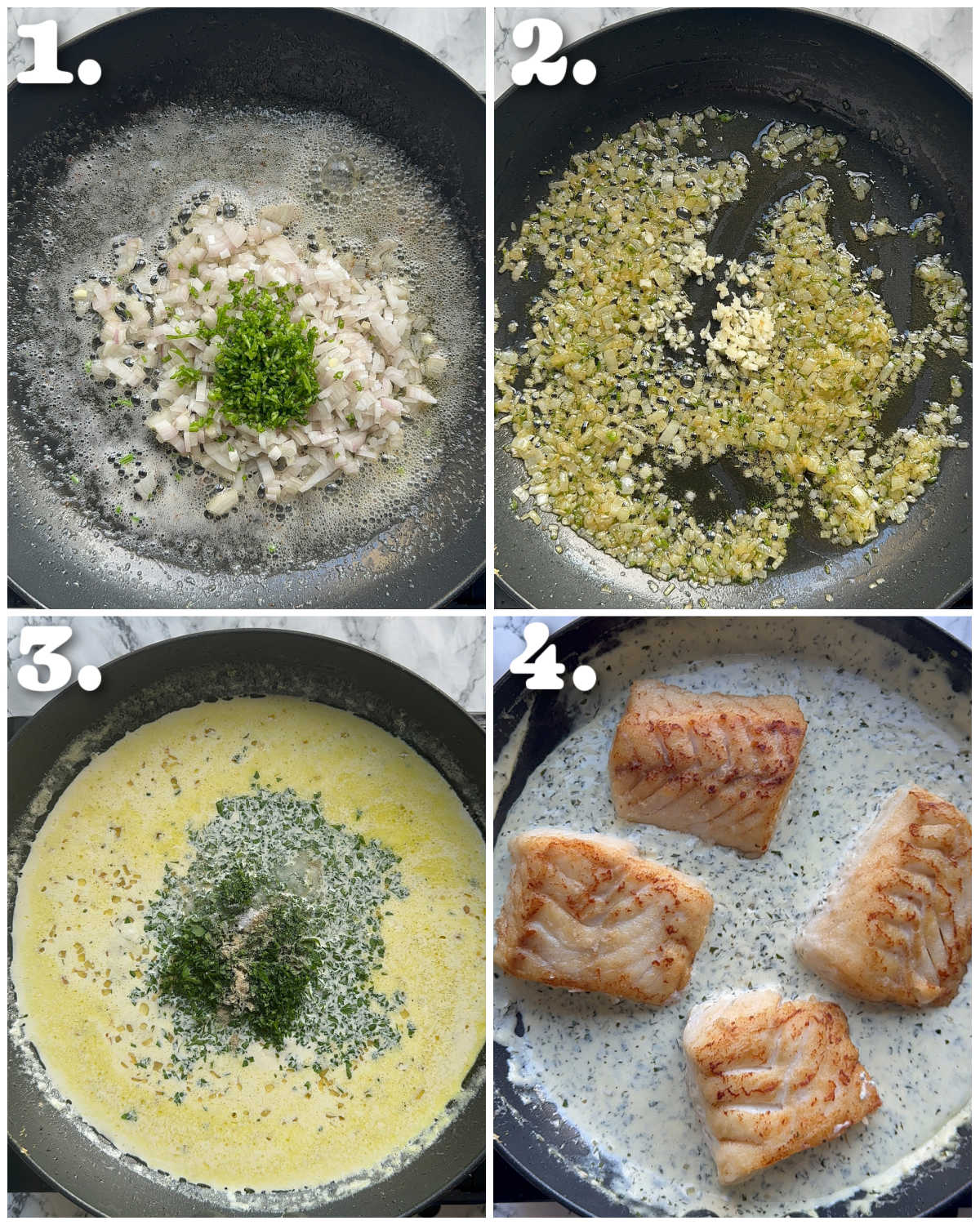 4 step by step photos showing how to make creamy parsley sauce