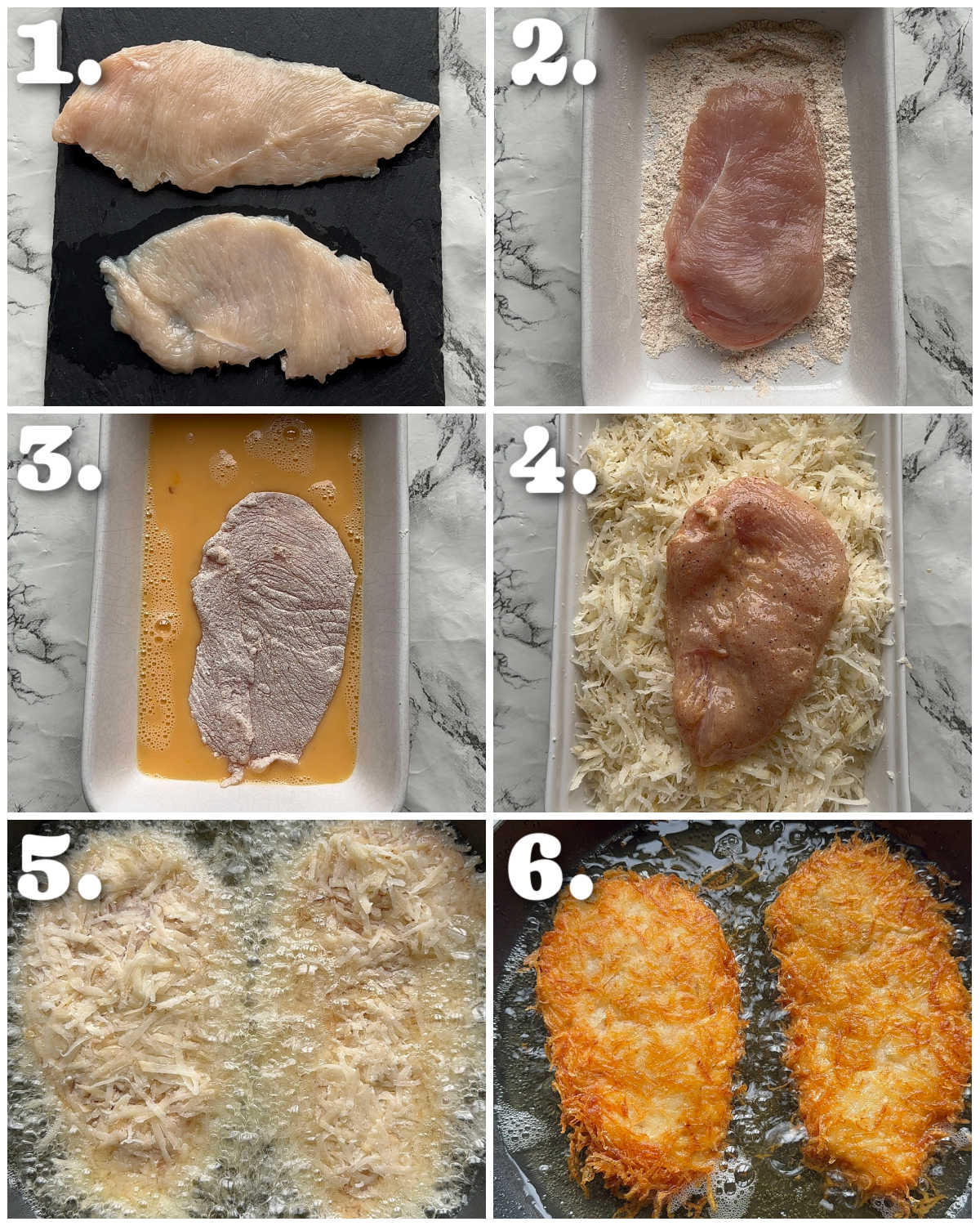 6 step by step photos showing how to make hash brown chicken