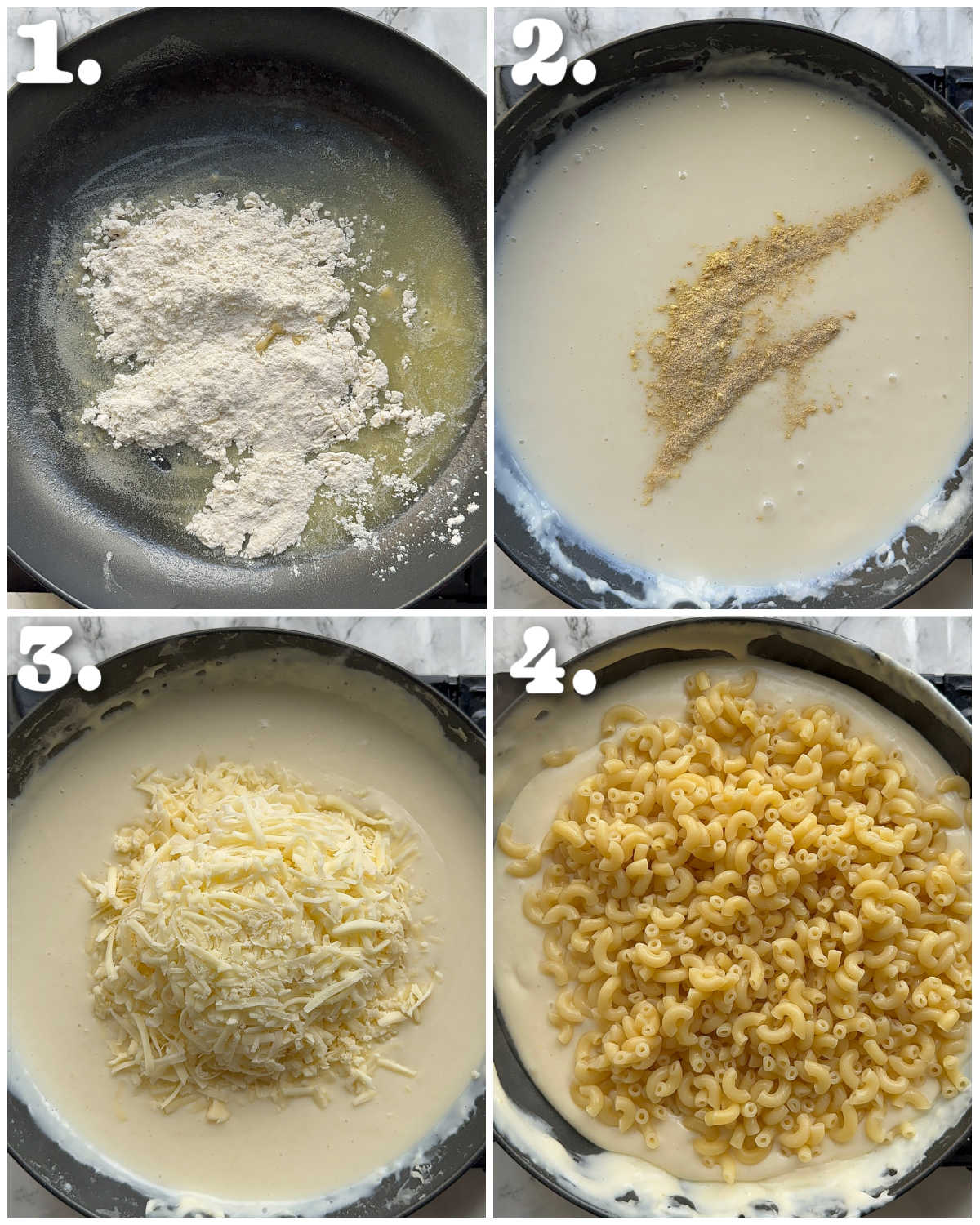4 step by step photos showing how to make mac and cheese