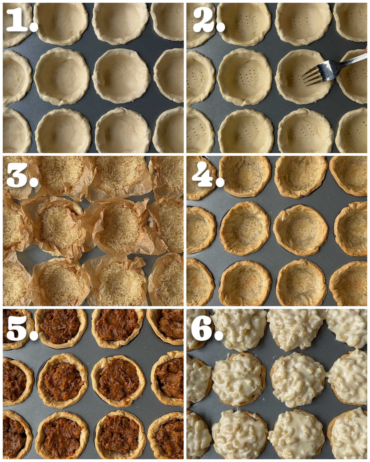 6 step by step photos showing how to make steak mac and cheese pies