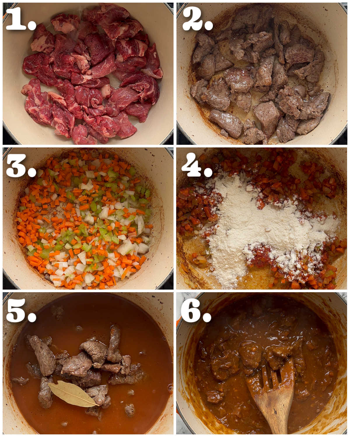 6 step by step photos showing how to make steak pie filling
