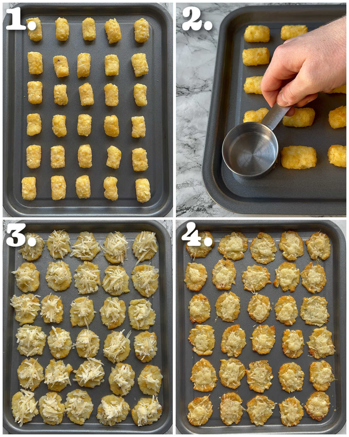 4 step by step photos showing how to smash tater tots