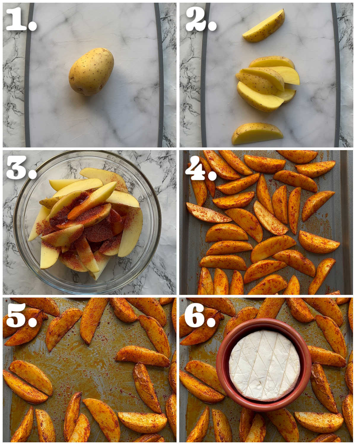 6 step by step photos showing how to make baked brie with wedges