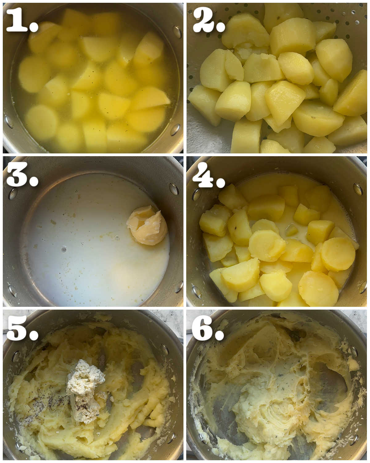 6 step by step photos showing how to make boursin mash