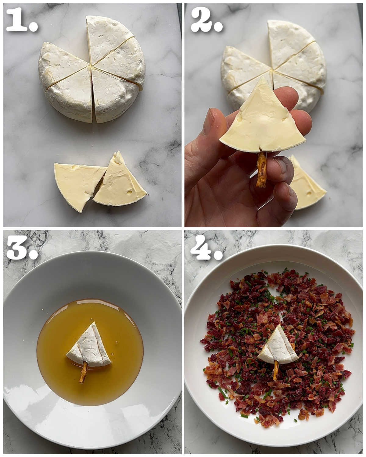 4 step by step photos showing how to make brie christmas trees