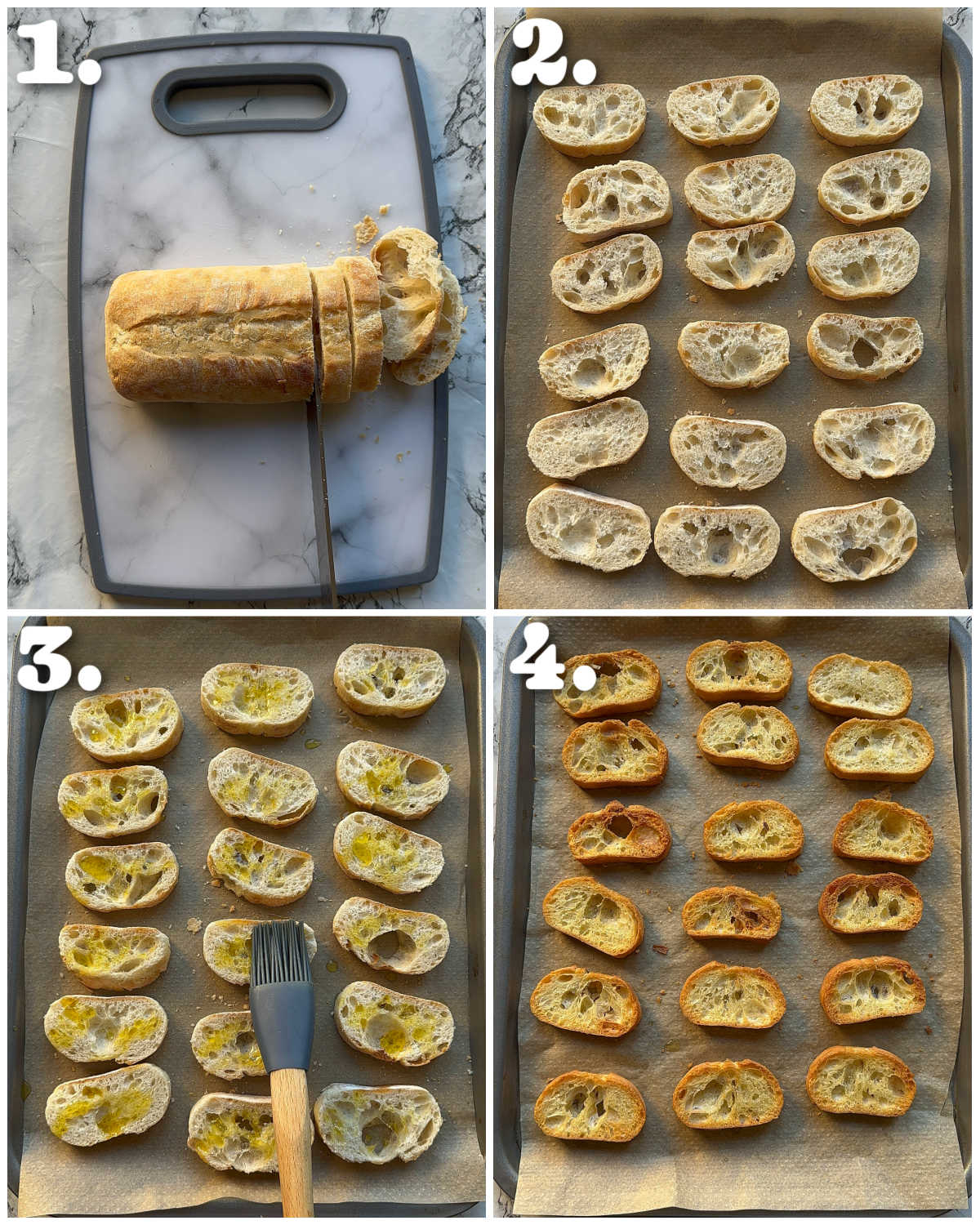 4 step by step photos showing how to toast ciabatta