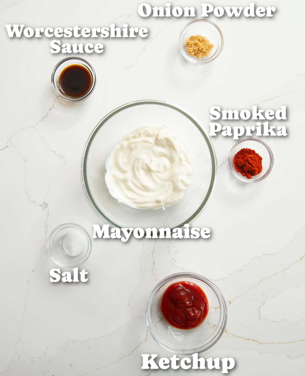 overhead shot of nugget dipping sauce ingredients with text labels