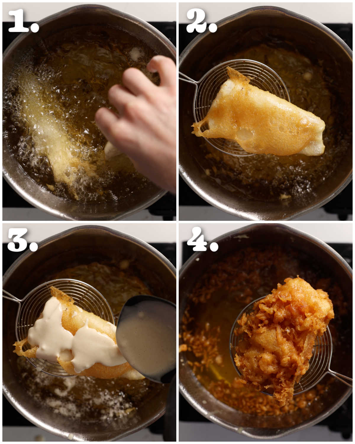 4 step by step photos showing how to cook beer battered fish