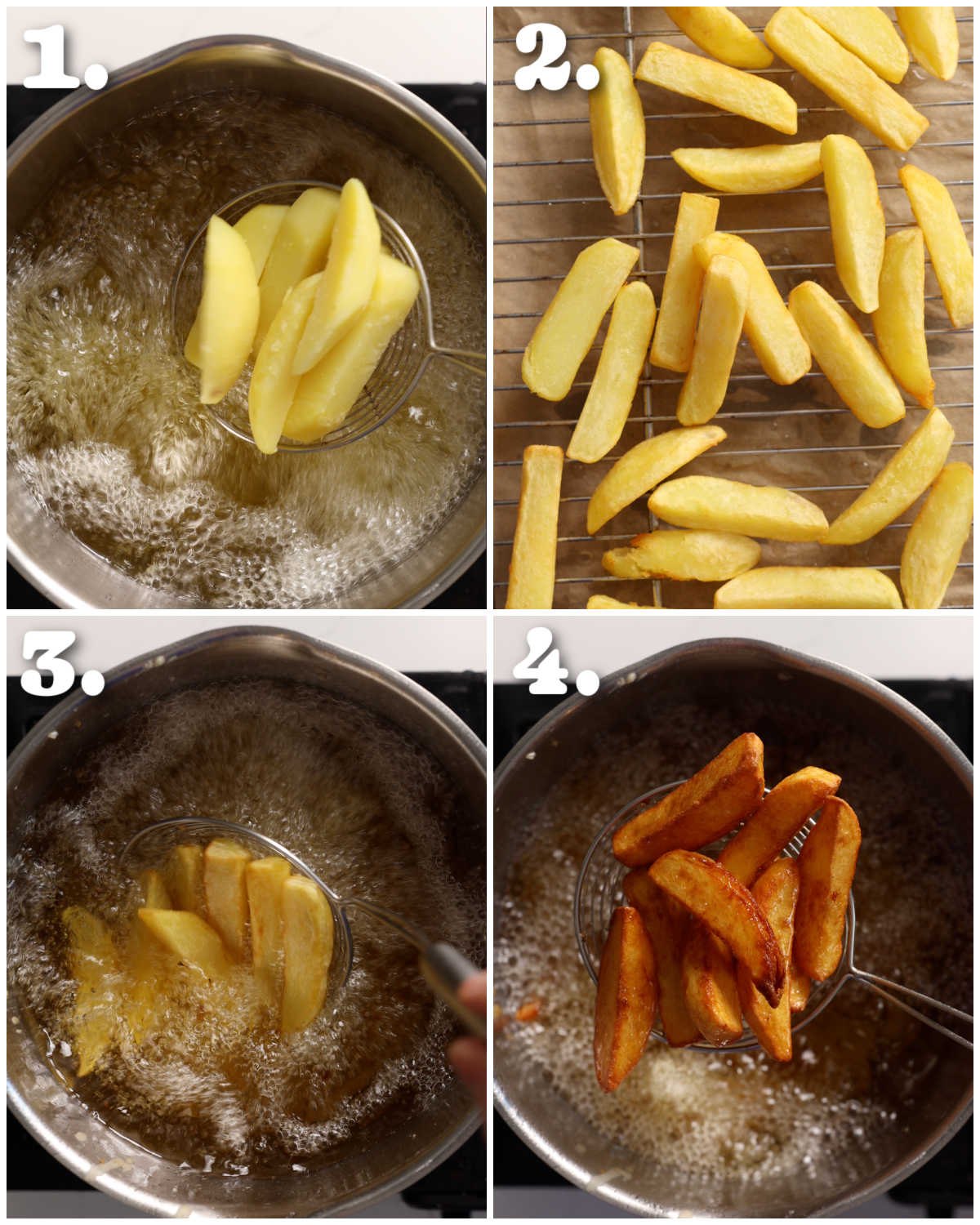 4 step by step photos showing how to cook homemade chips