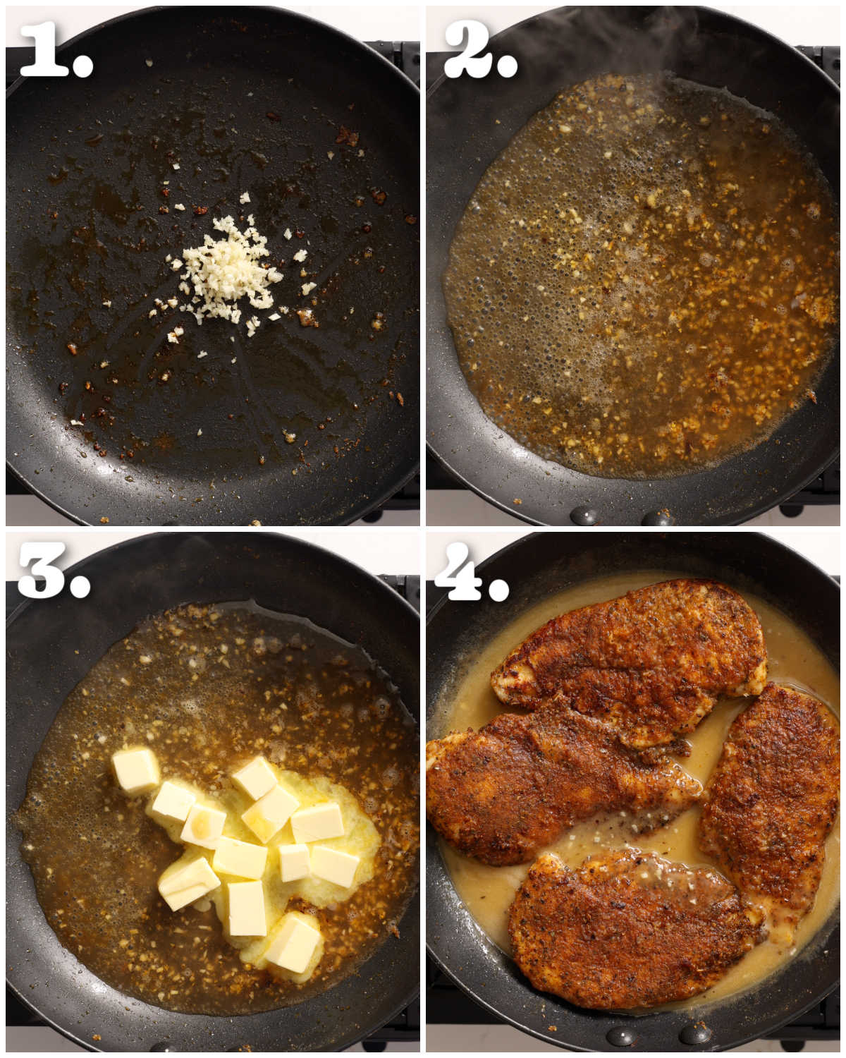 4 step by step photos showing how to make cajun butter chicken