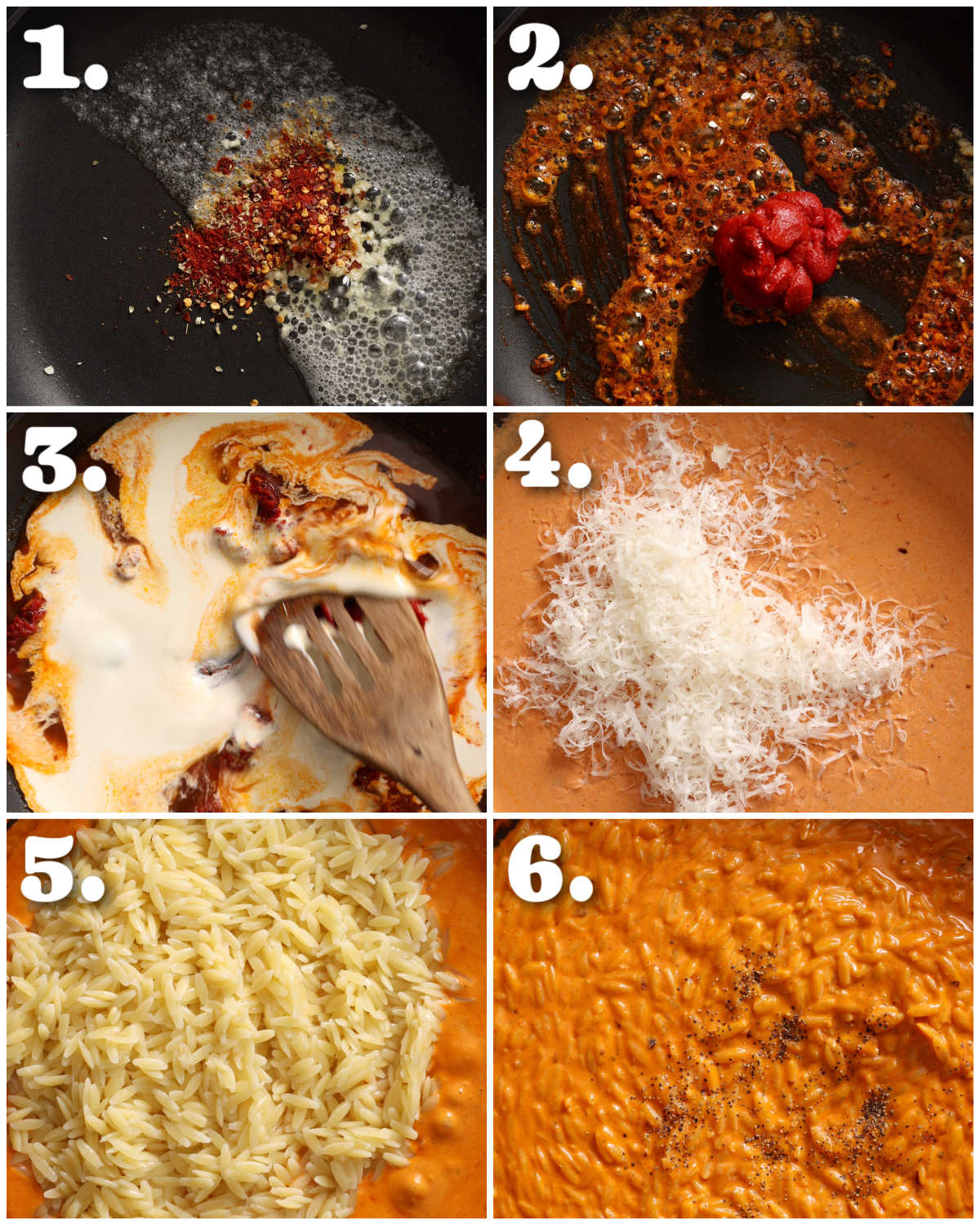 6 step by step photos showing how to make creamy tomato orzo