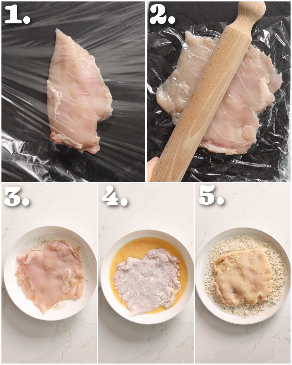5 step by step photos showing how to make crispy greek chicken