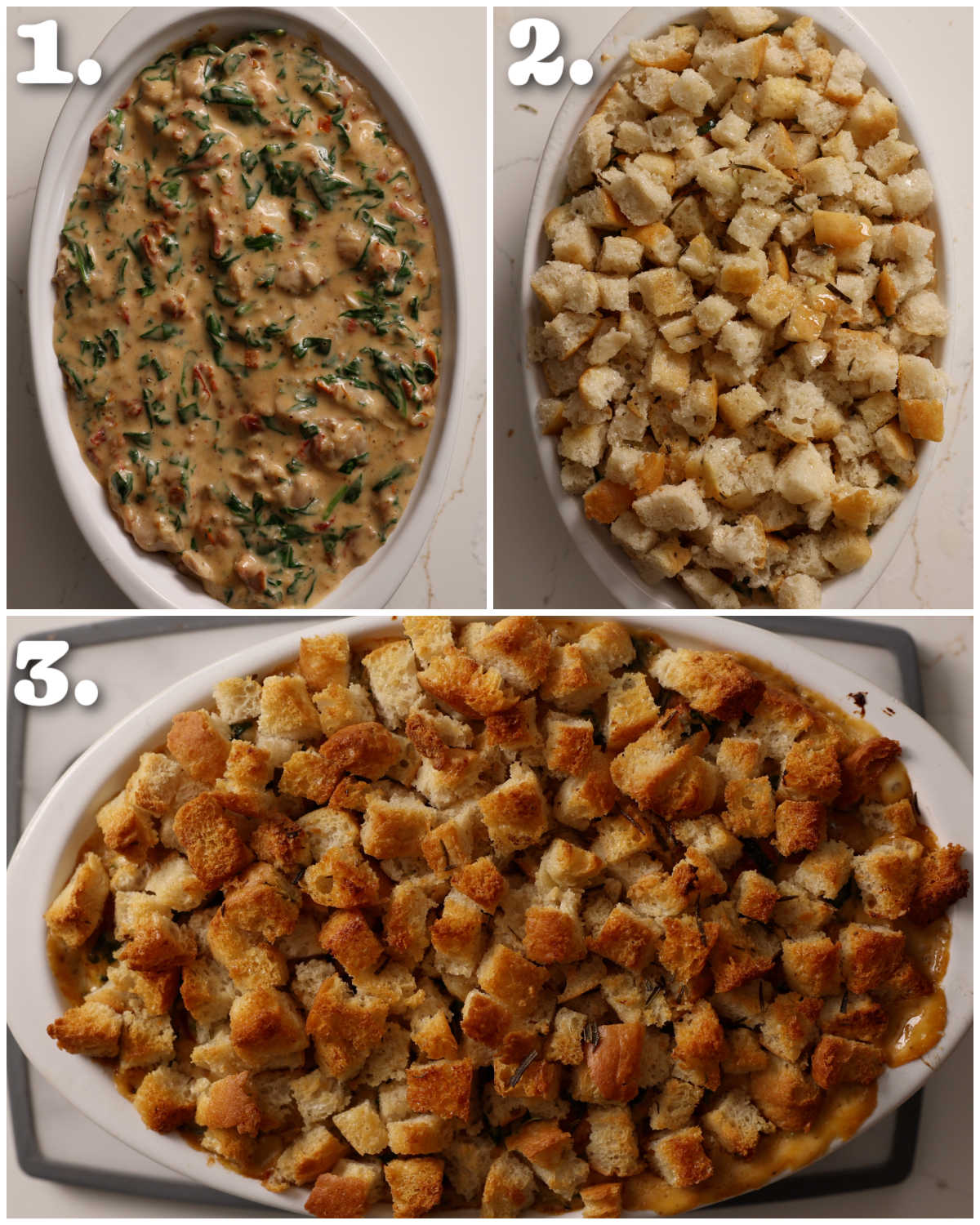 3 step by step photos showing how to make Italian chicken bake