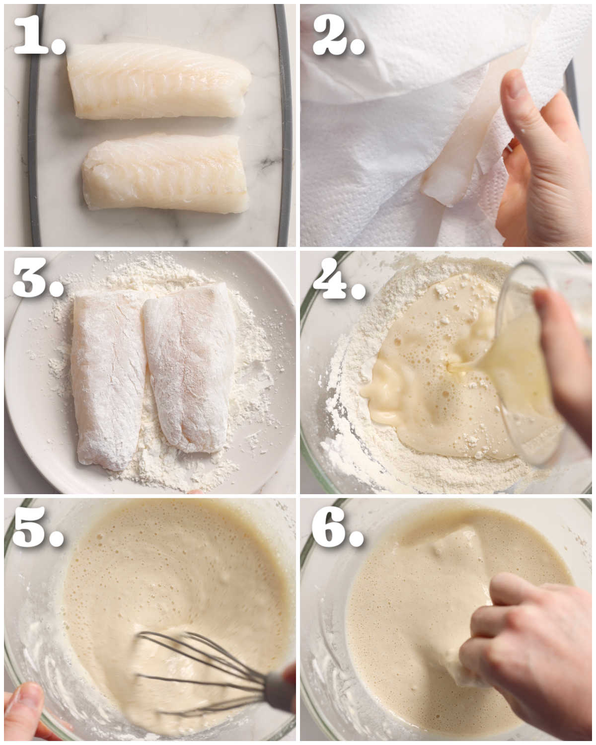 6 step by step photos showing how to prepare beer battered fish