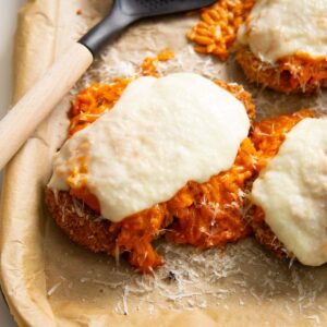 orzo chicken parmesan on baking tray fresh out the oven