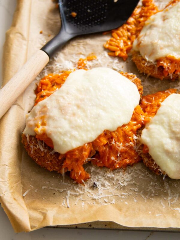 orzo chicken parmesan on baking tray fresh out the oven
