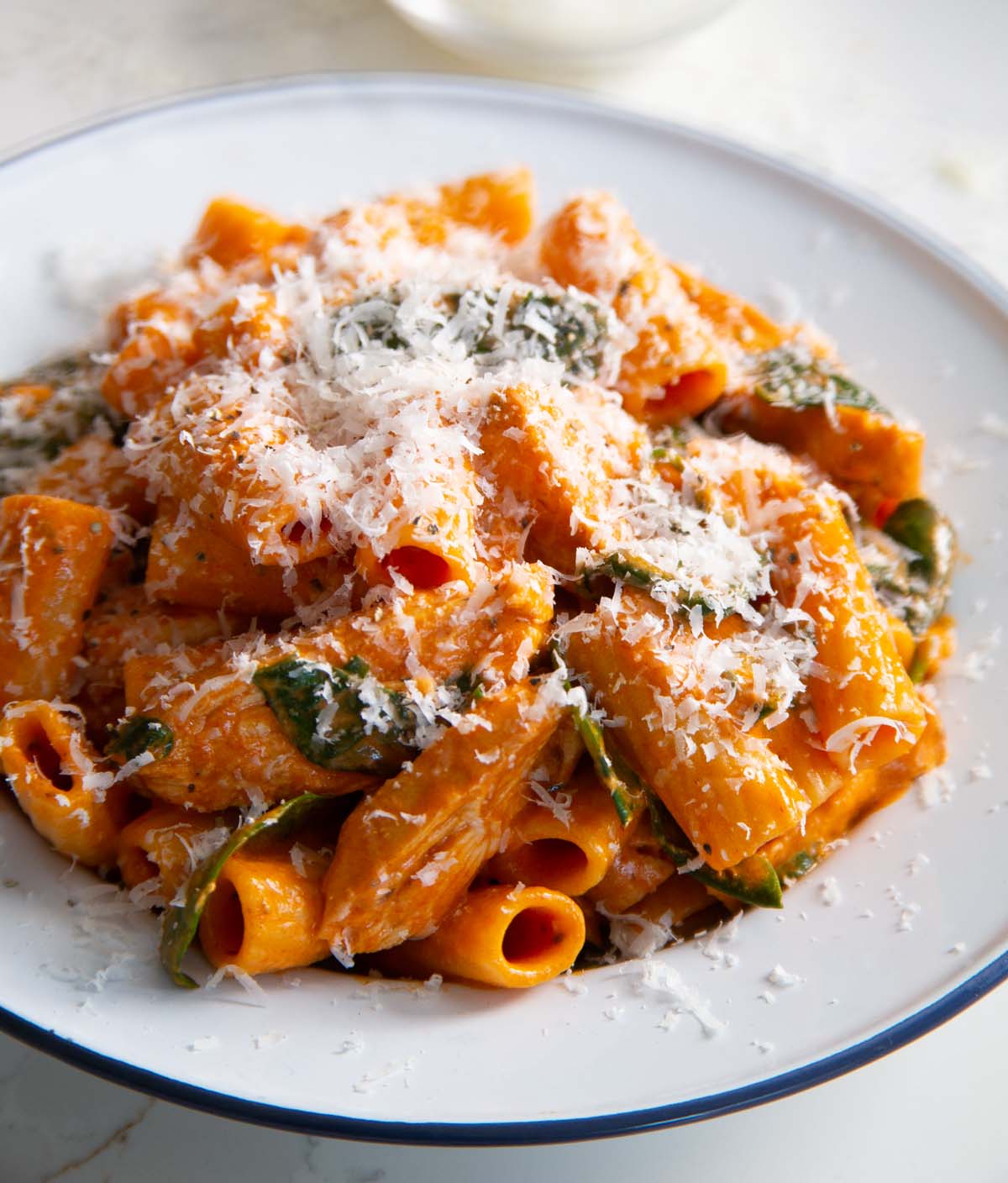 close up shot of chicken rigatoni in white bowl with parmesan on top