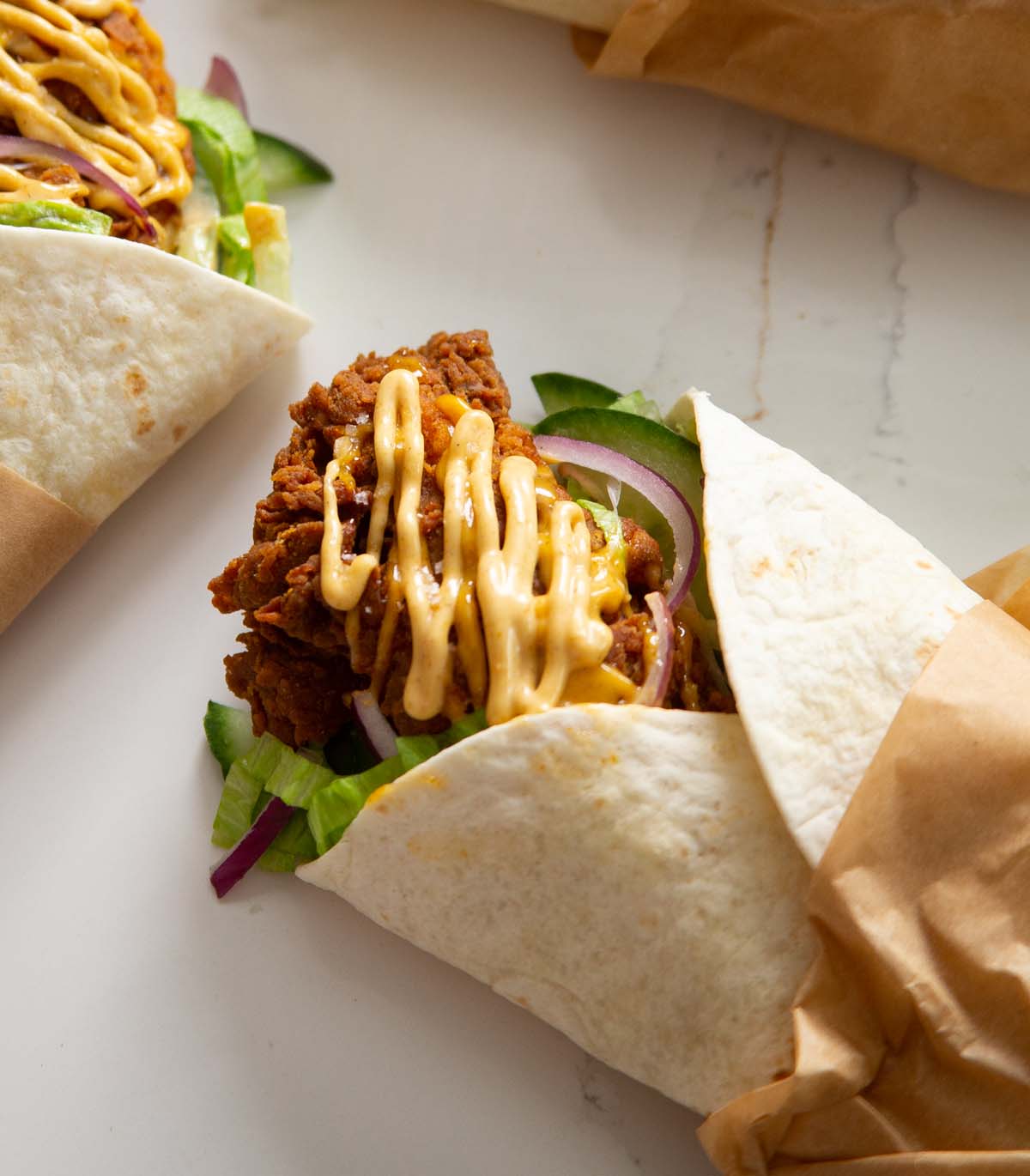 close up shot of chicken tikka wrap