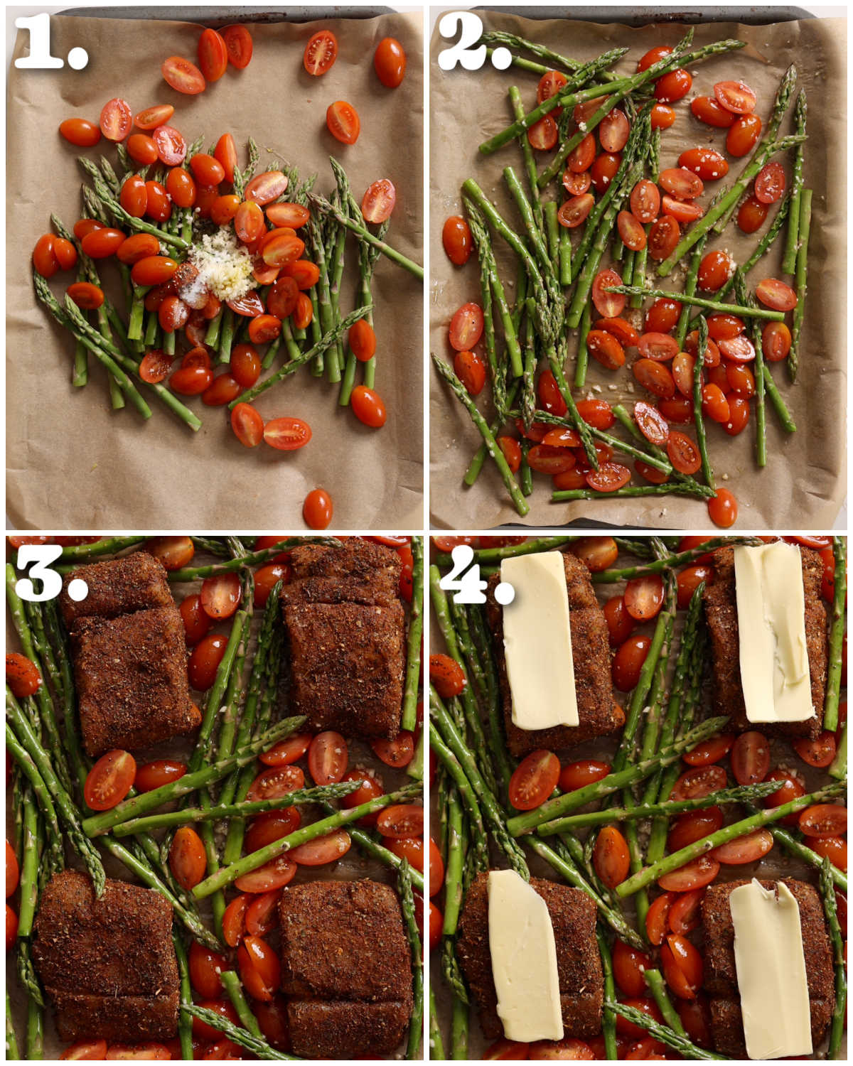 4 step by step photos showing how to make cajun cod tray bake