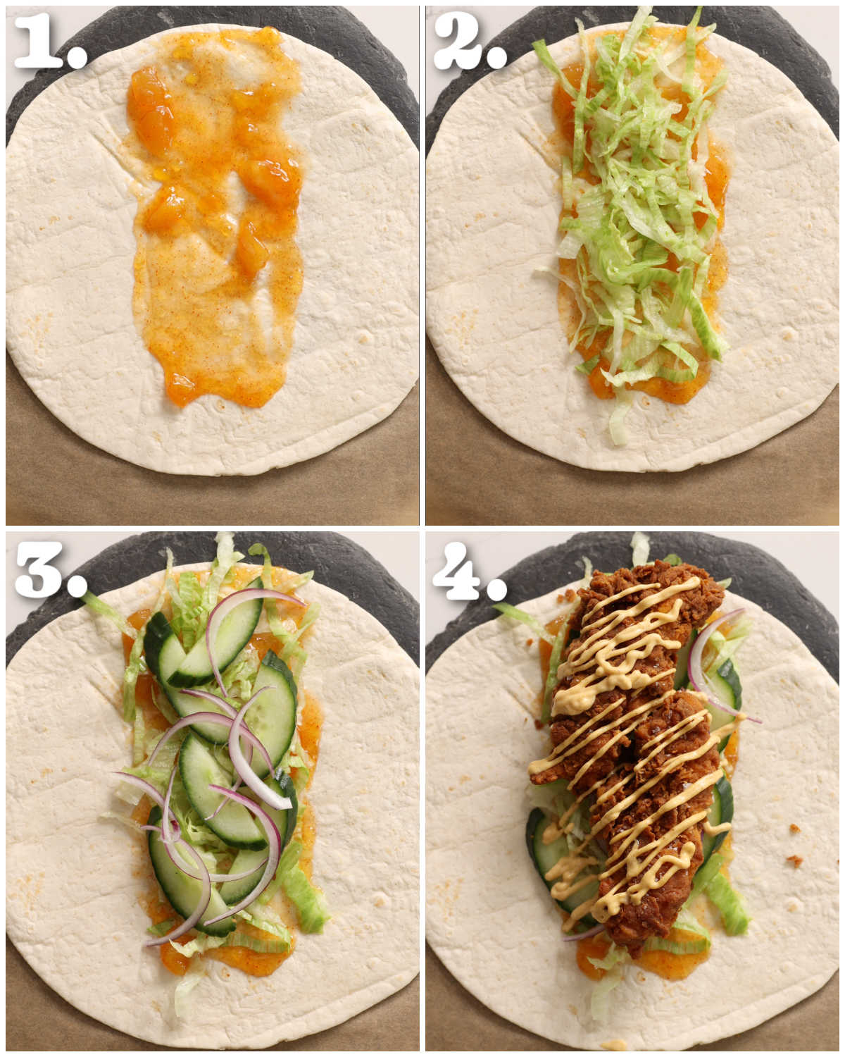 4 step by step photos showing how to make chicken tikka wraps