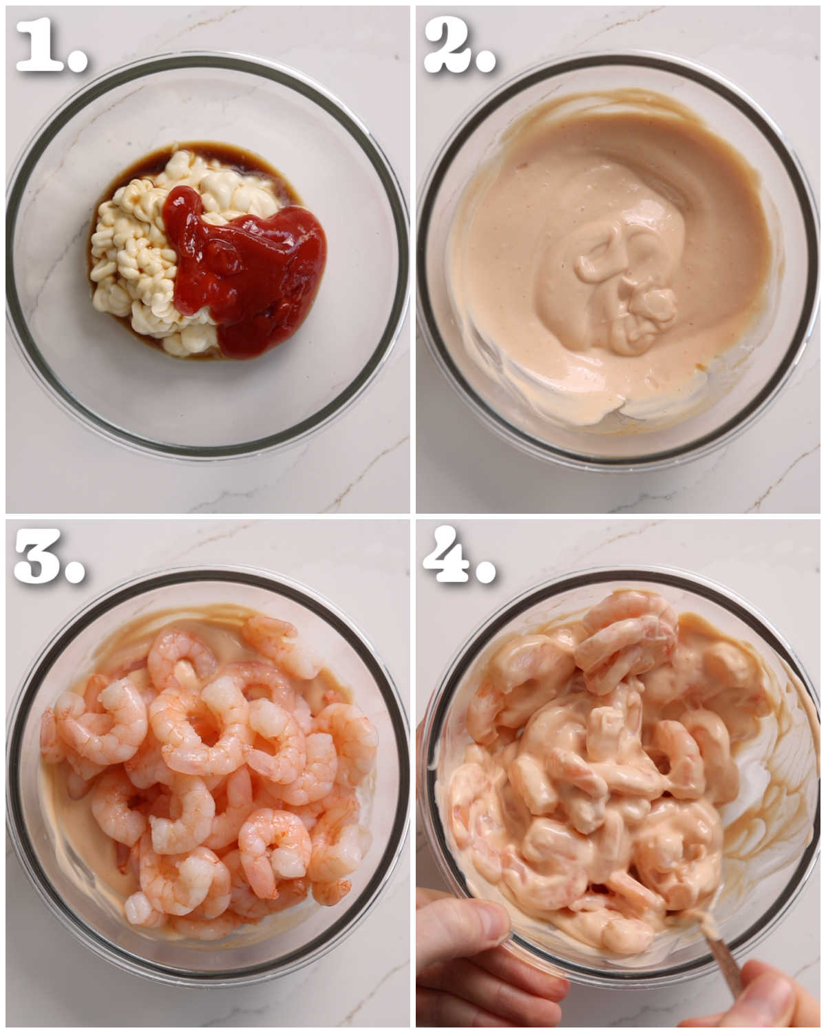 4 step by step photos showing how to make prawn marie rose