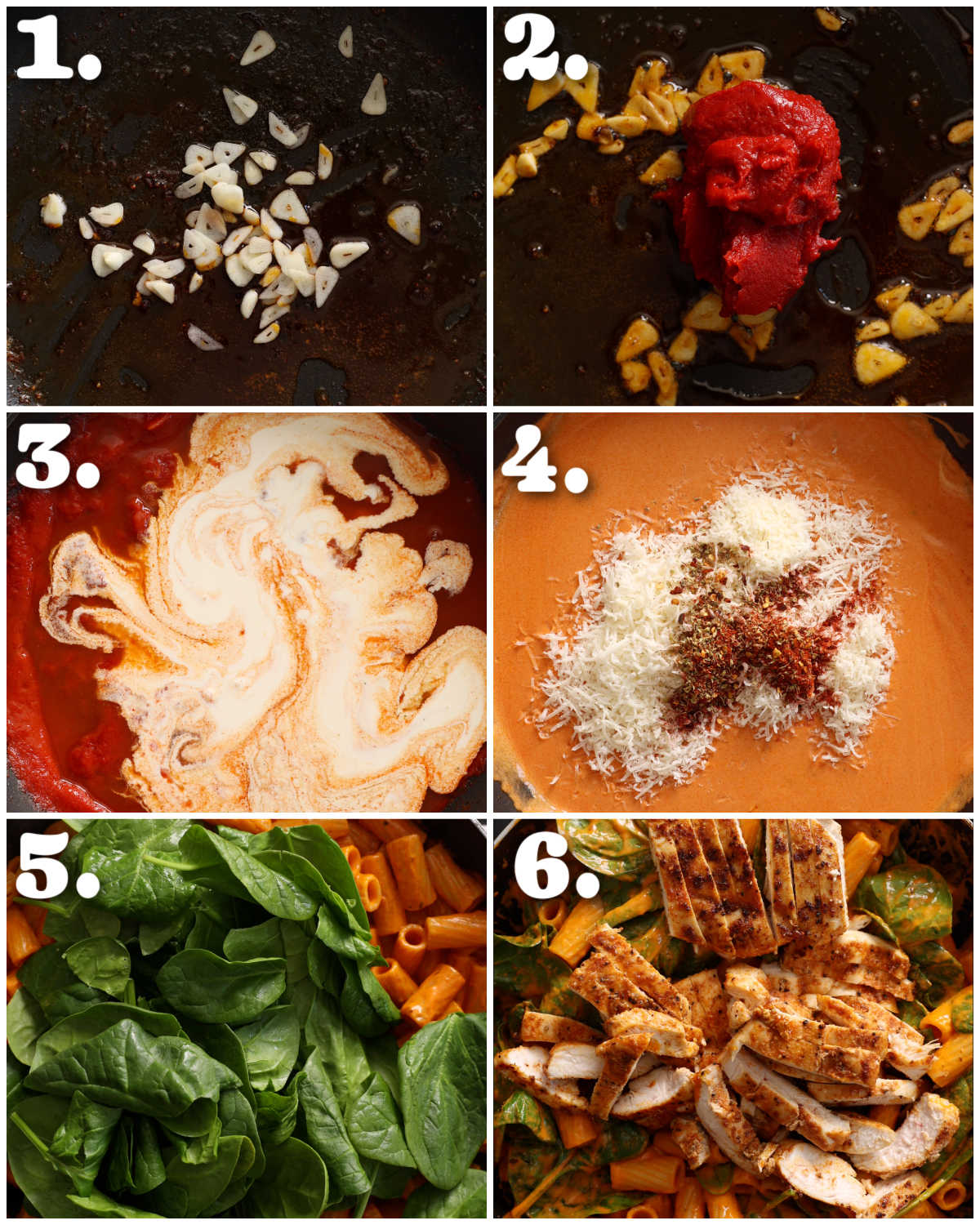 6 step by step photos showing how to make rigatoni fiorentina