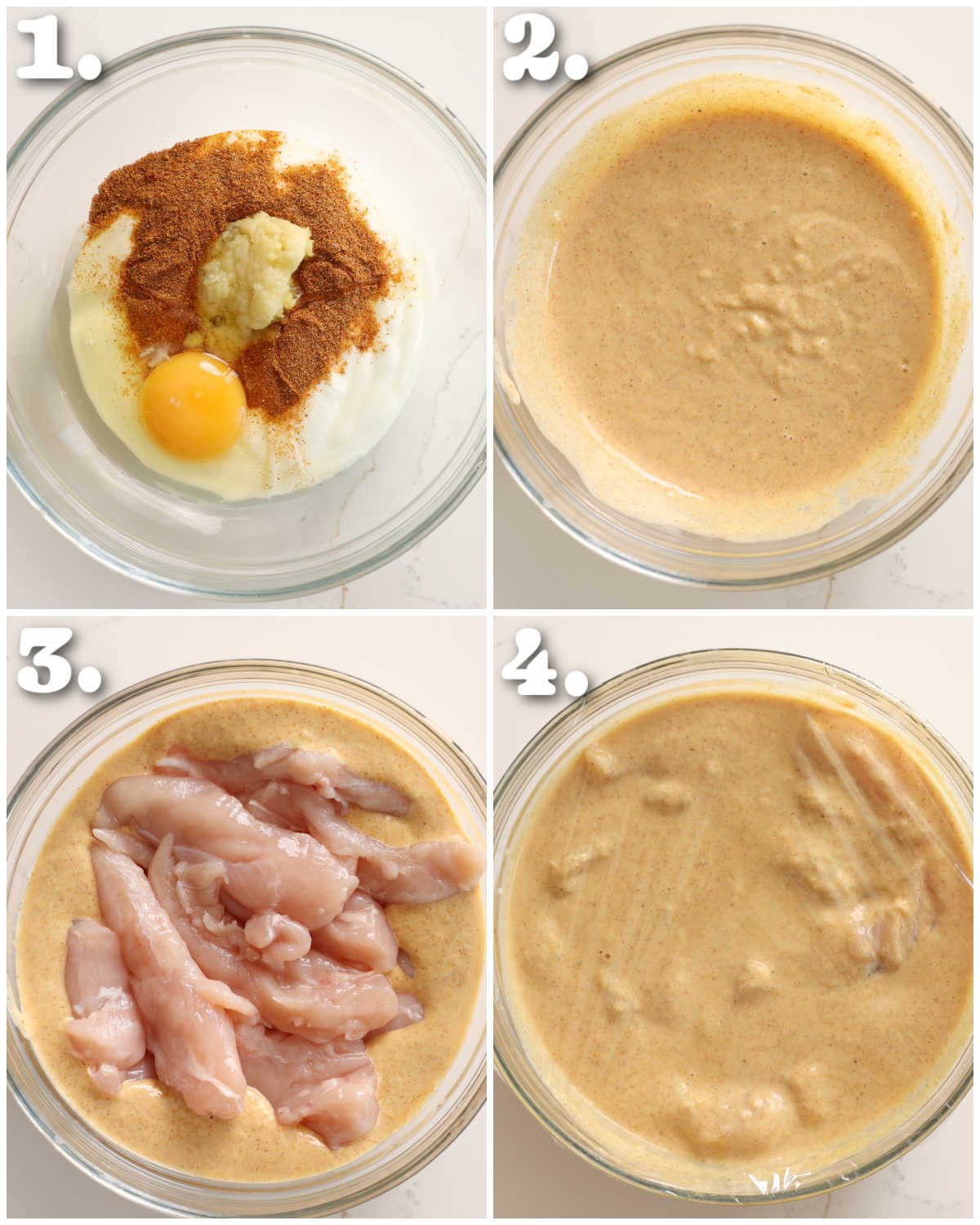 4 step by step photos showing how to marinate chicken tikka