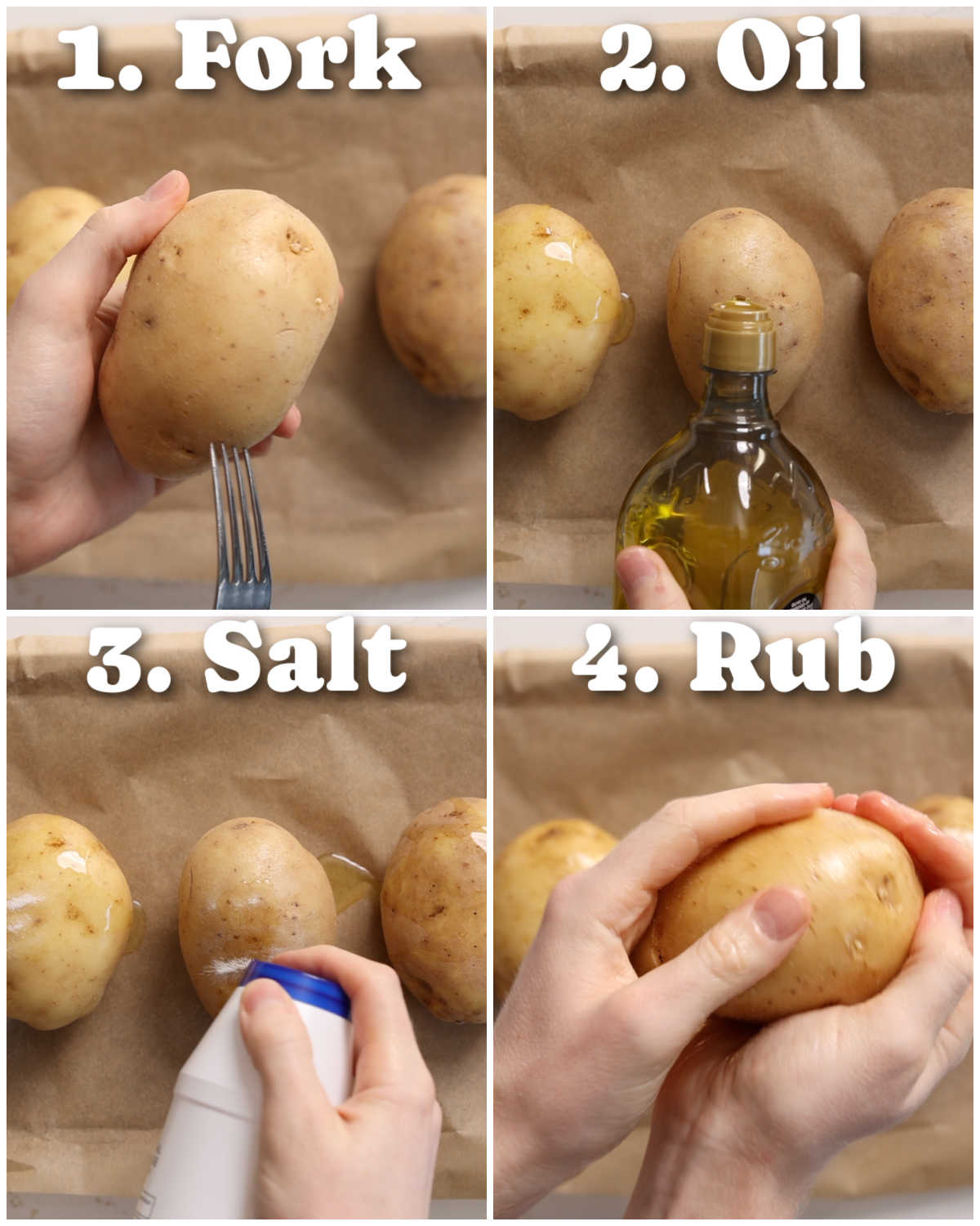 4 step by step photos showing how to prepare baked potato