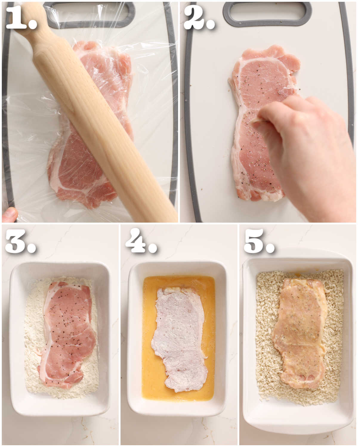 5 step by step photo showing how to prepare pork katsu 