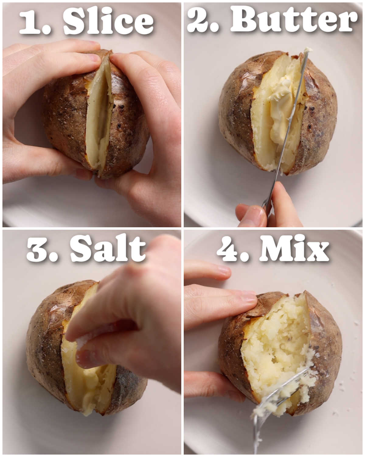 4 step by step photos showing how to serve baked potato