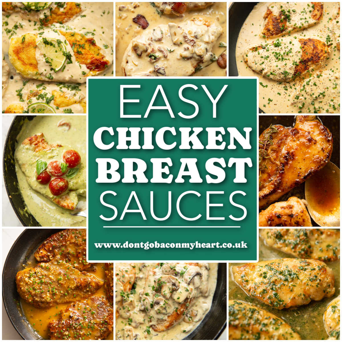 sauces for chicken breast thumbnail collage with text overlay