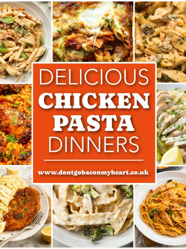 chicken pasta dinners collage with text overlay