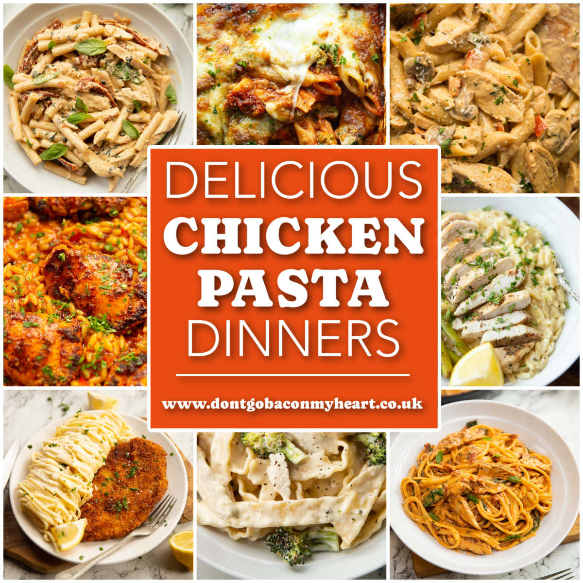 chicken pasta dinners collage with text overlay