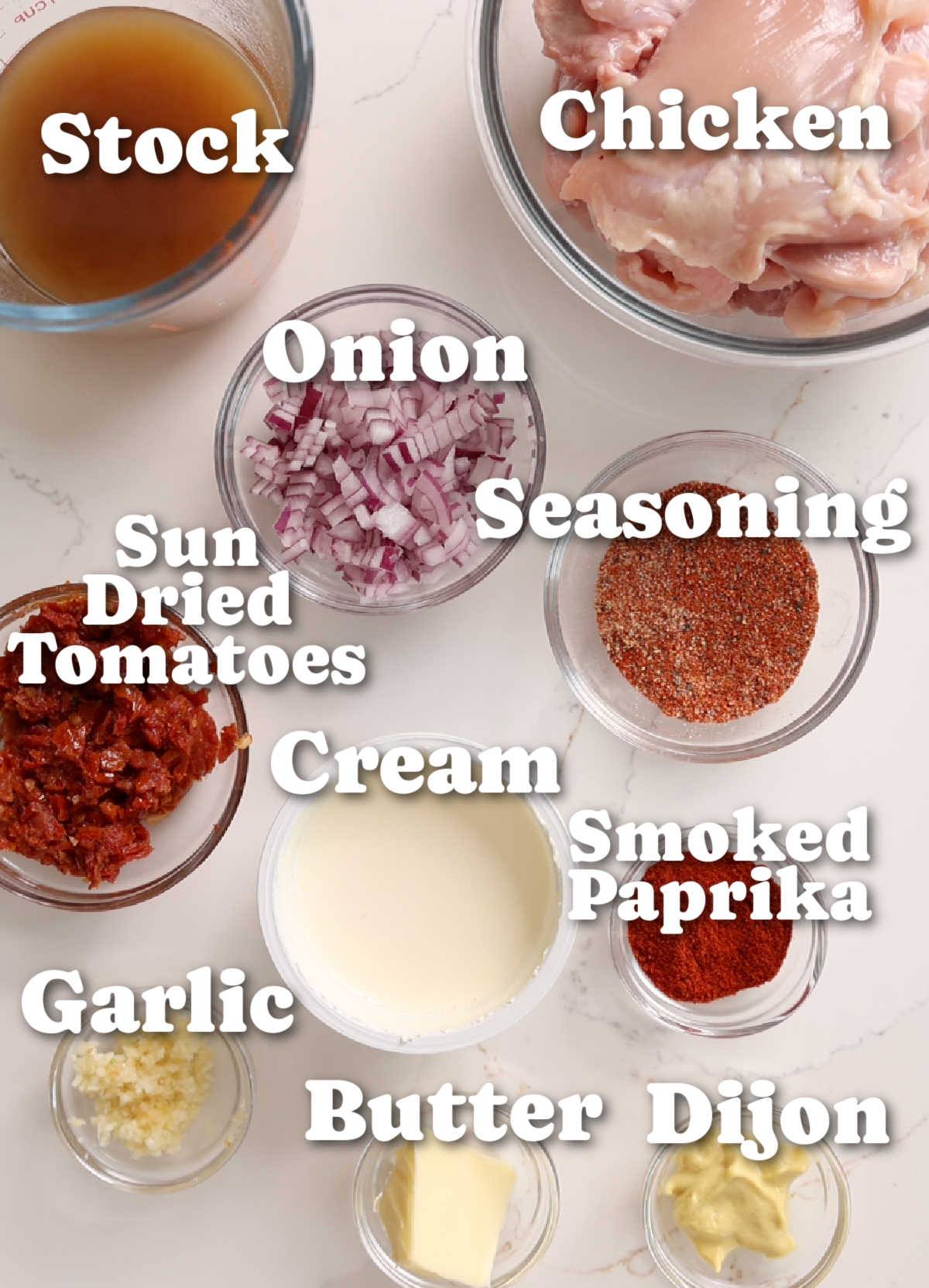 overhead shot of creamy paprika chicken ingredients with text labels