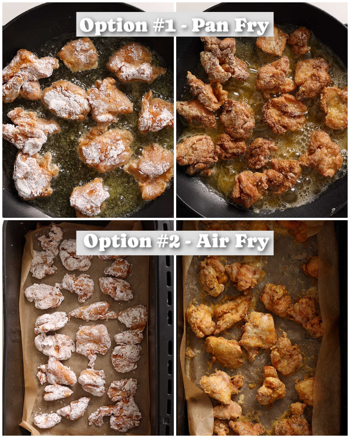 4 step by step photos showing how to cook bang bang chicken