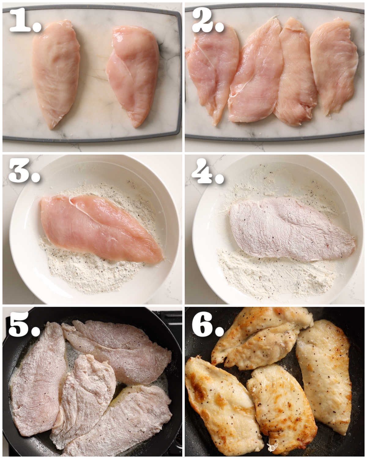 6 step by step photos showing how to fry chicken breast