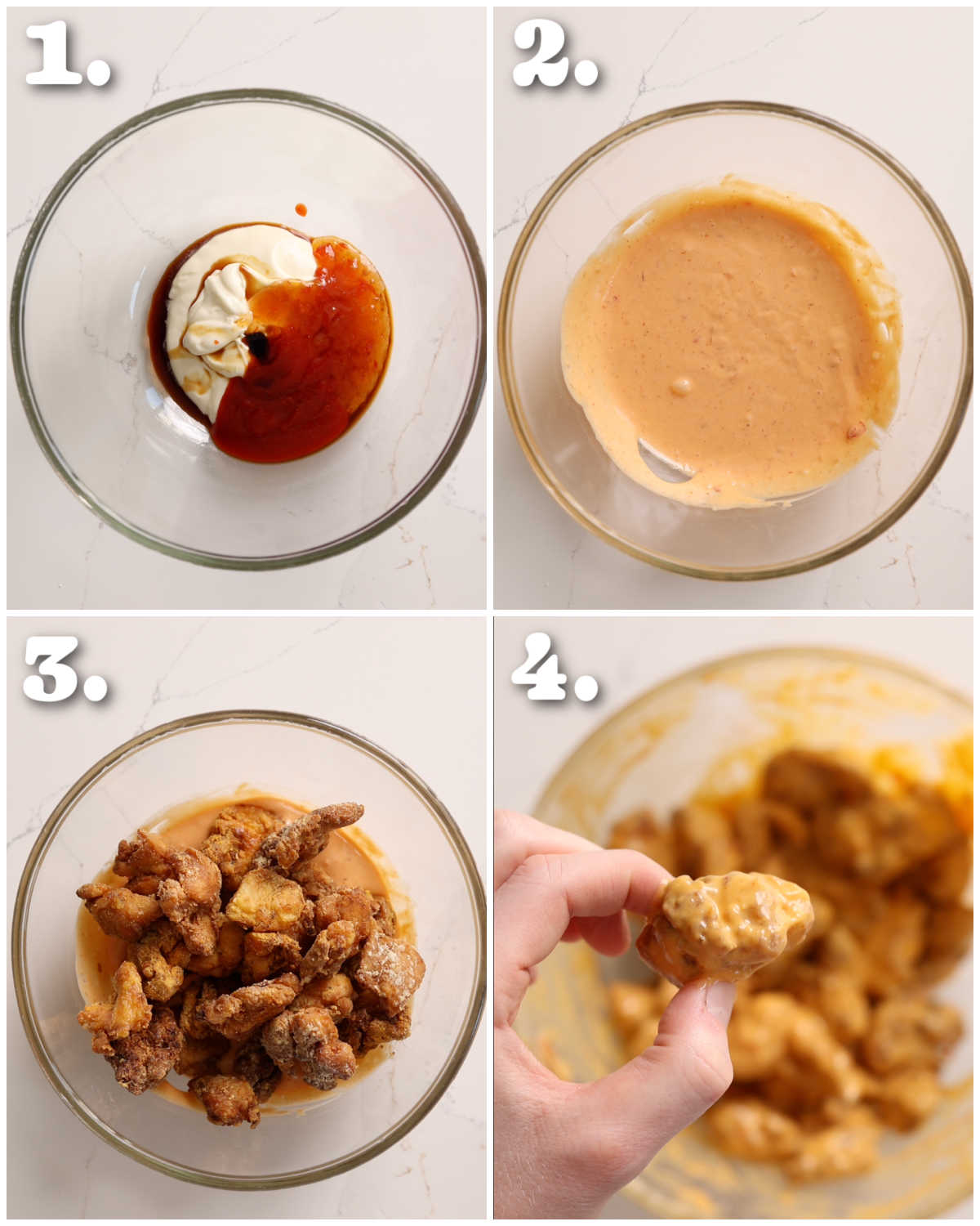 4 step by step photos showing how to make bang bang chicken