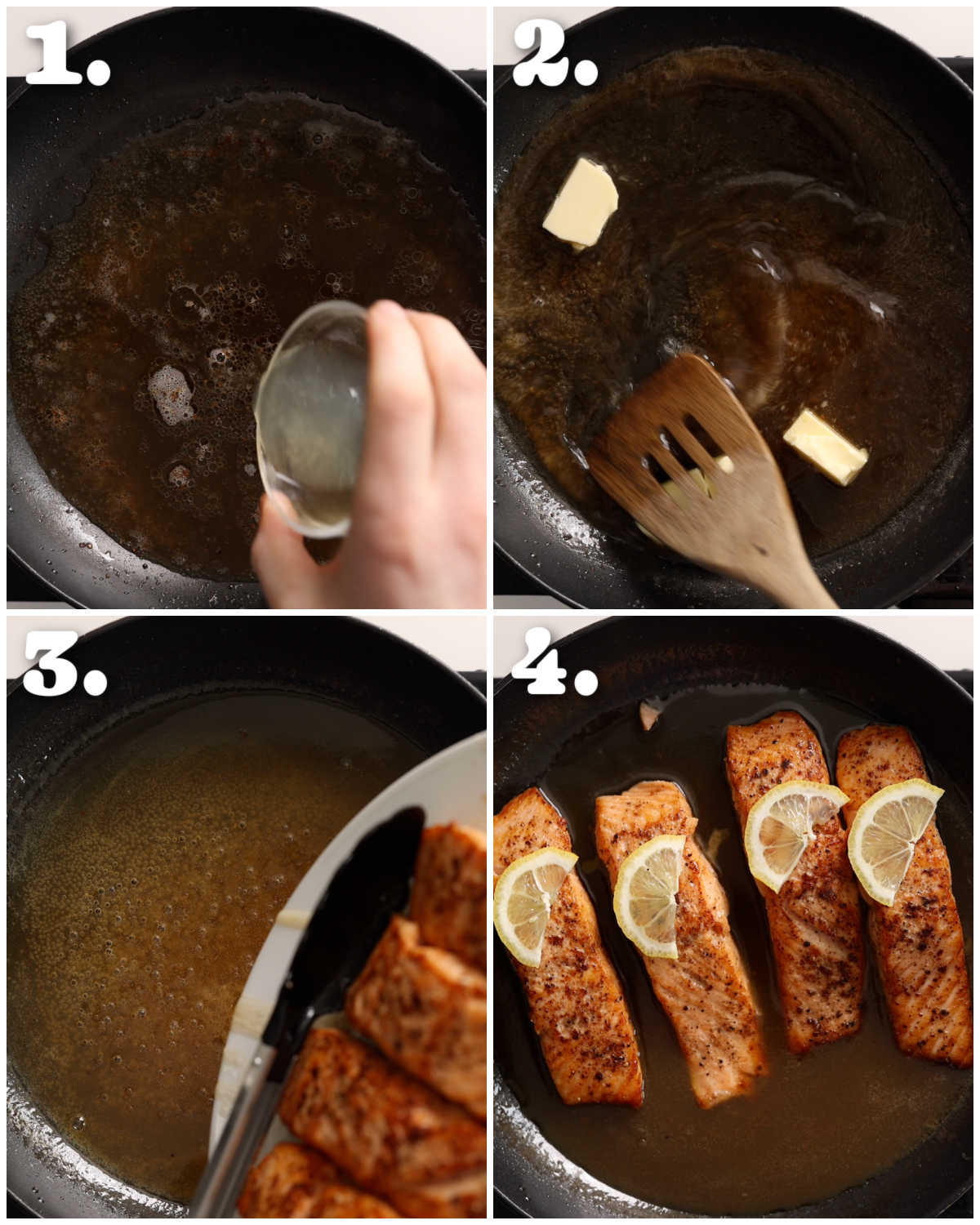4 step by step photos showing how to make honey lemon sauce for salmon
