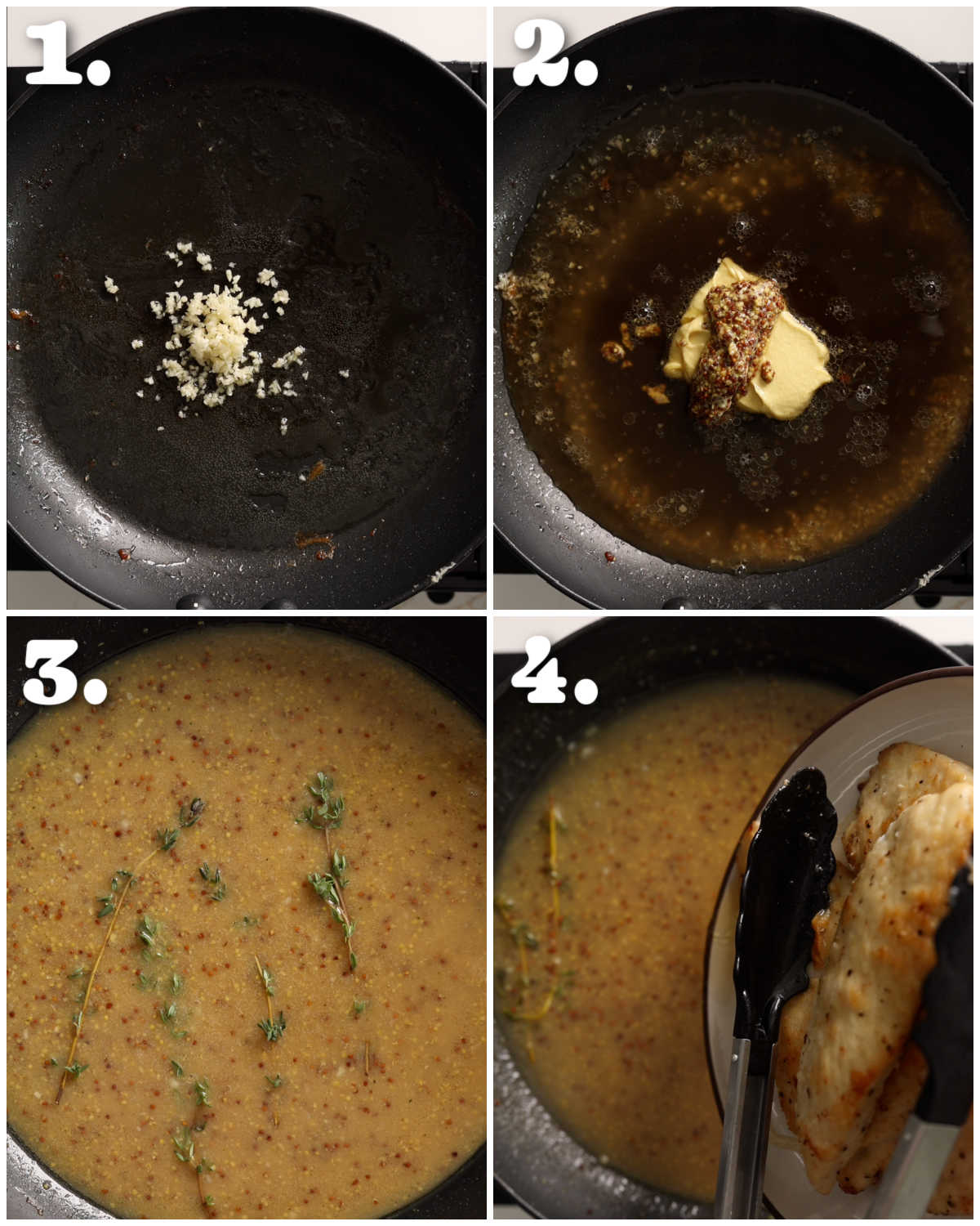 4 step by step photos showing how to make honey mustard sauce for chicken