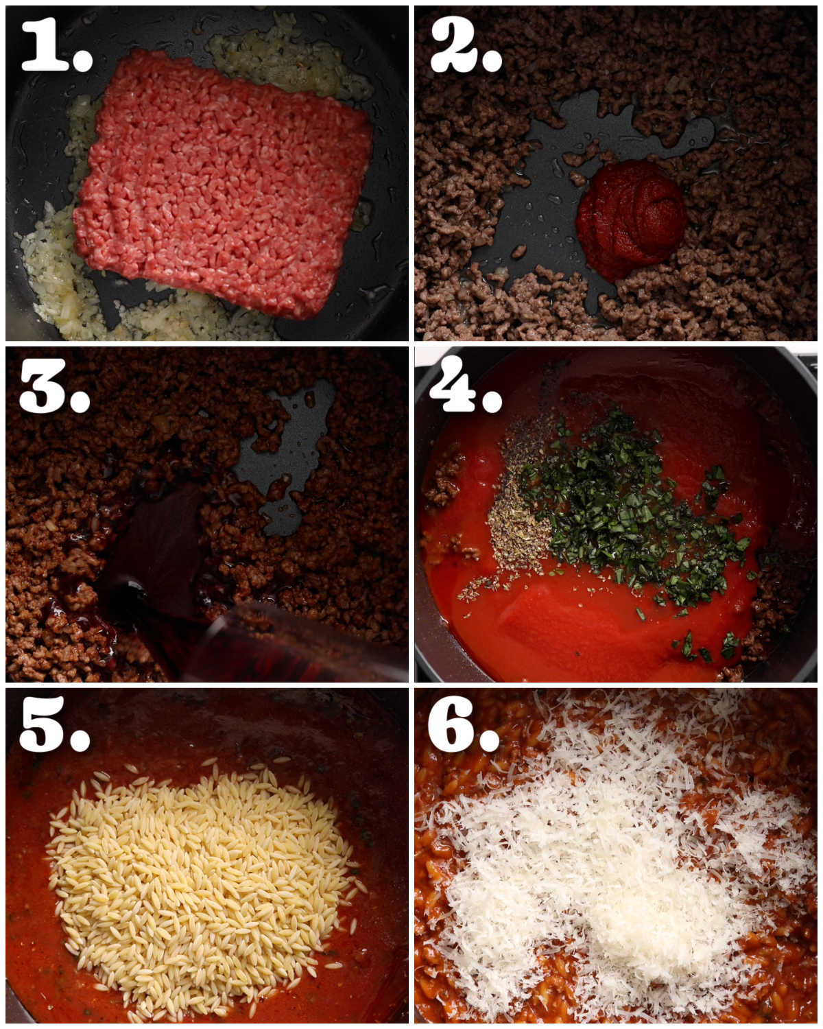 6 step by step photos showing how to make one pot beef orzo