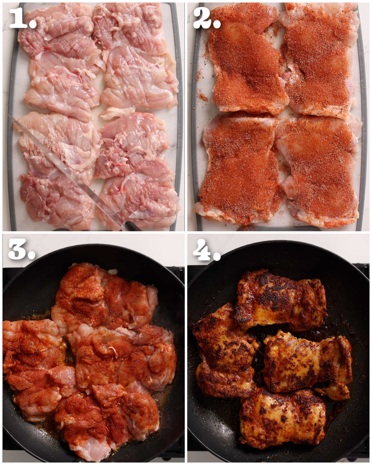 4 step by step photos showing how to make paprika chicken