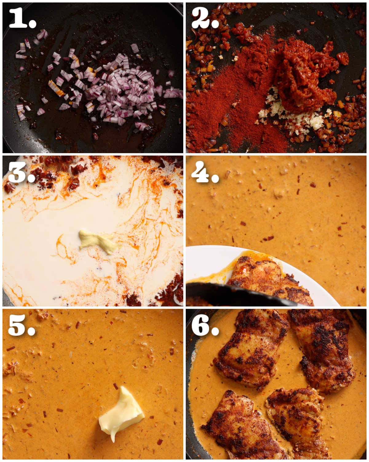 6 step by step photos showing how to make paprika sauce for chicken